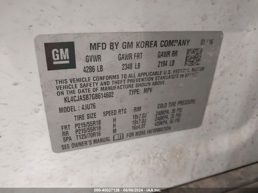 2016 Buick Encore VIN: KL4CJASB7GB614602 Lot: 40027126