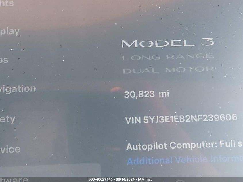 2022 Tesla Model 3 Long Range Dual Motor All-Wheel Drive VIN: 5YJ3E1EB2NF239606 Lot: 40027145