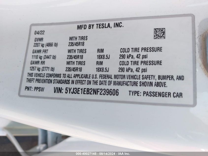 2022 Tesla Model 3 Long Range Dual Motor All-Wheel Drive VIN: 5YJ3E1EB2NF239606 Lot: 40027145