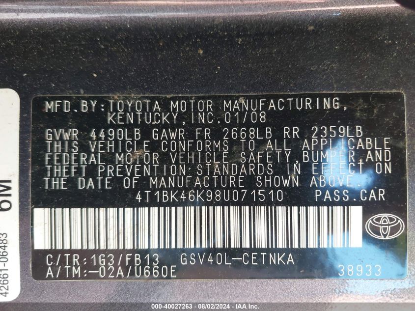 2008 Toyota Camry Le V6 VIN: 4T1BK46K98U071510 Lot: 40027263