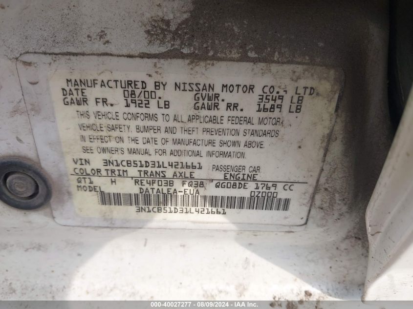 3N1CB51D31L421661 2001 Nissan Sentra Gxe