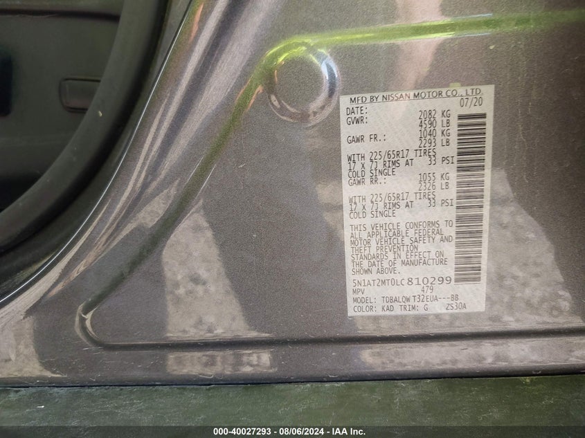 2020 Nissan Rogue S/Sl/Sv VIN: 5N1AT2MT0LC810299 Lot: 40027293