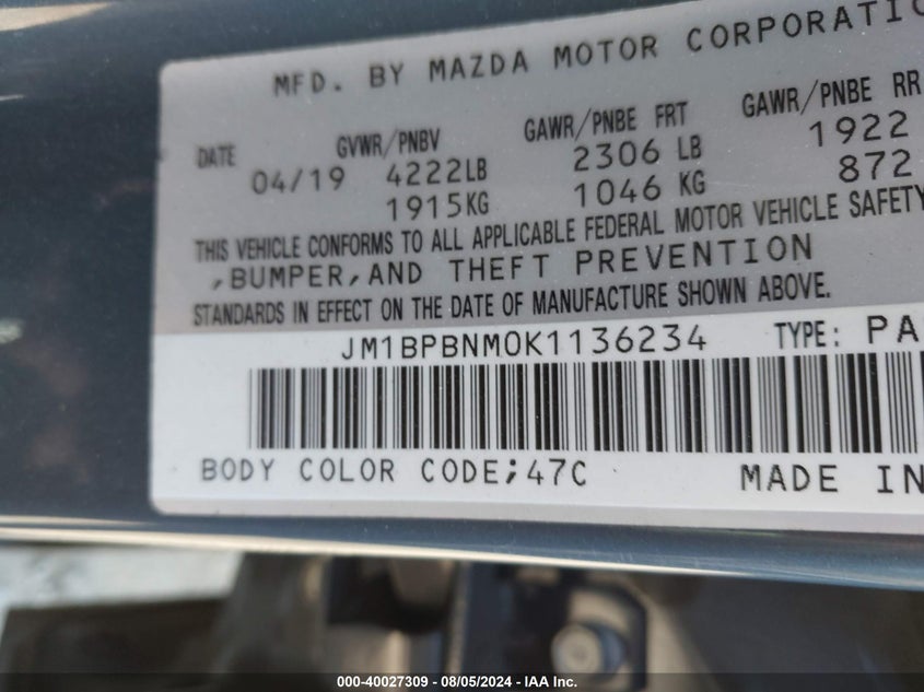 2019 Mazda Mazda3 Premium Package VIN: JM1BPBNM0K1136234 Lot: 40027309