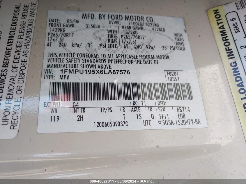 2006 Ford Expedition Limited VIN: 1FMPU195X6LA87576 Lot: 40027311