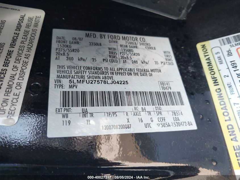 2008 Lincoln Navigator VIN: 5LMFU27578LJ04225 Lot: 40027317