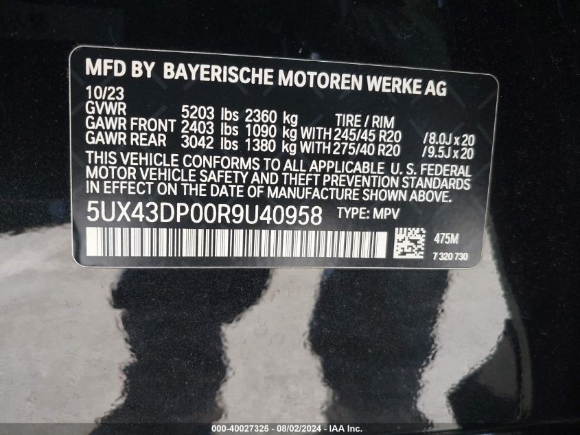 2024 BMW X3 Sdrive30I VIN: 5UX43DP00R9U40958 Lot: 40027325