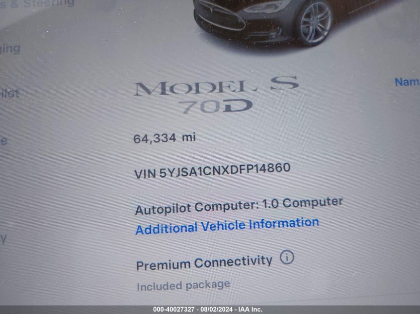 2015 Tesla Model S 70D/85D/P85D VIN: 5YJSA1S24FF097997 Lot: 40027327