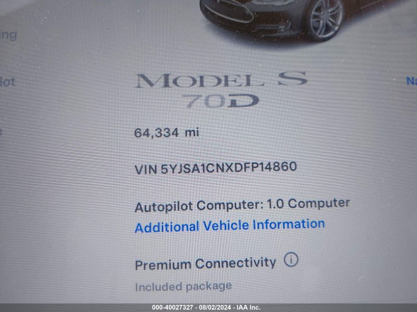 2015 Tesla Model S 70D/85D/P85D VIN: 5YJSA1S24FF097997 Lot: 40027327