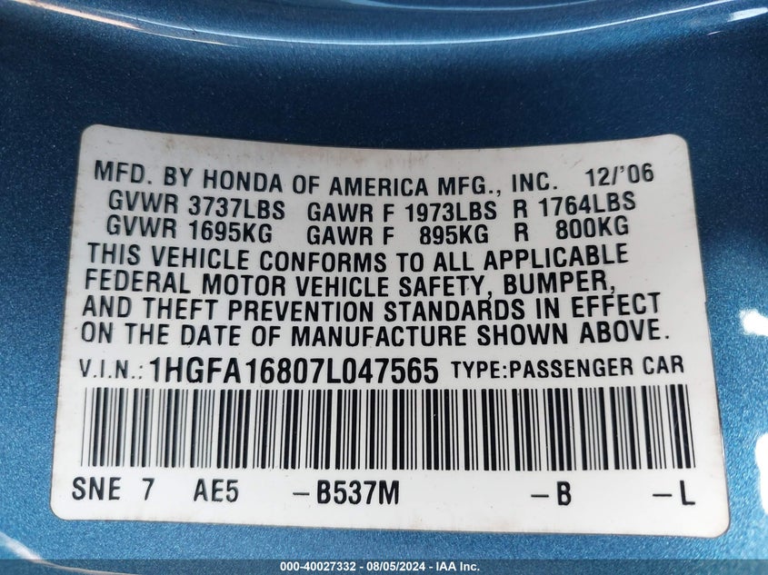 2007 Honda Civic Ex VIN: 1HGFA16807L047565 Lot: 40027332