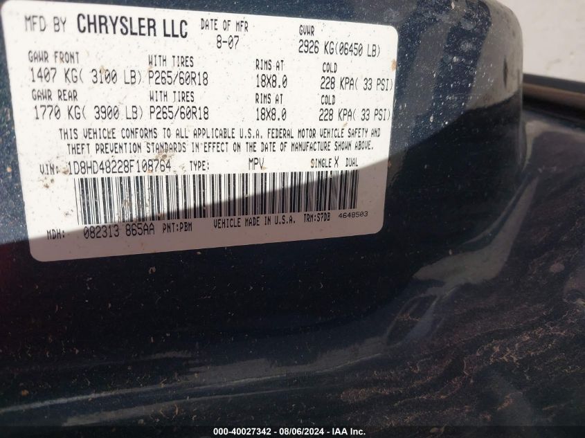 2008 Dodge Durango Slt VIN: 1D8HD48228F108764 Lot: 40027342