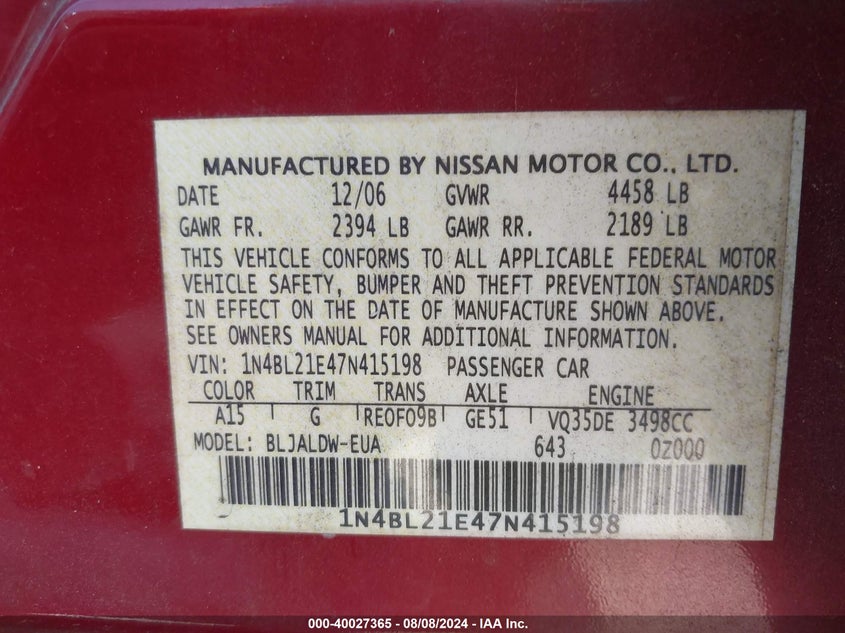 2007 Nissan Altima 3.5 Se VIN: 1N4BL21E47N415198 Lot: 40027365