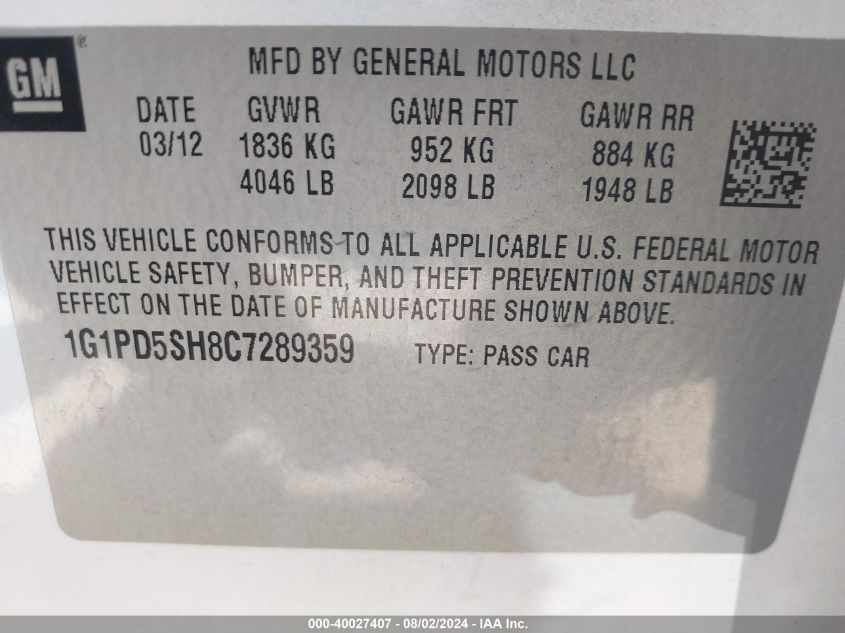 2012 Chevrolet Cruze Ls VIN: 1G1PD5SH8C7289359 Lot: 40027407