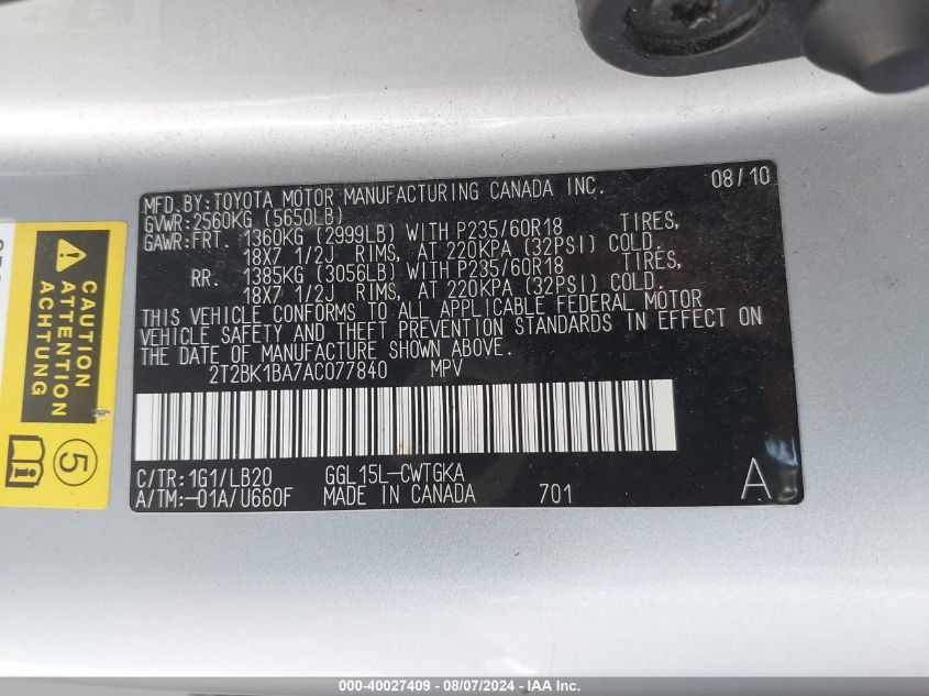 2T2BK1BA7AC077840 2010 Lexus Rx 350