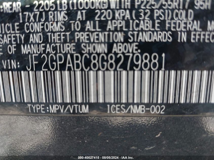 2016 Subaru Crosstrek 2.0I Premium VIN: JF2GPABC8G8279881 Lot: 40027415