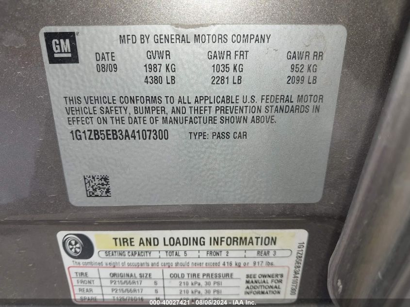 2010 Chevrolet Malibu Ls VIN: 1G1ZB5EB3A4107300 Lot: 40027421