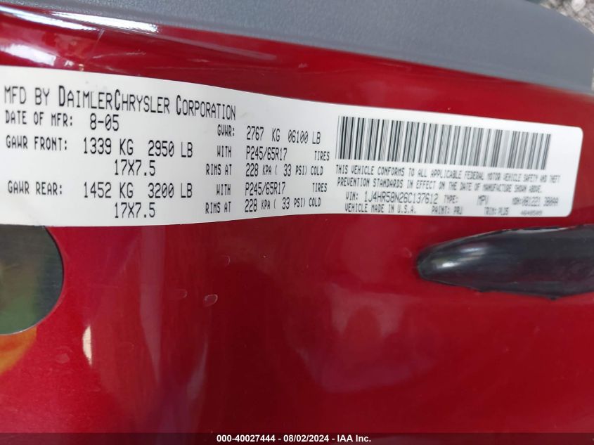 2006 Jeep Grand Cherokee Limited VIN: 1J4HR58N26C137612 Lot: 40027444