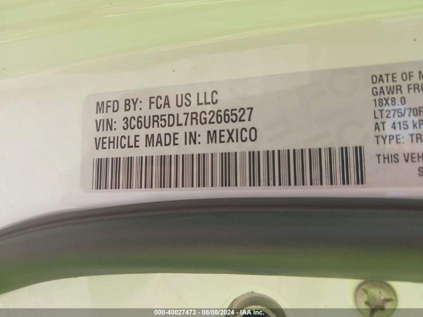 2024 Ram 2500 Big Horn VIN: 3C6UR5DL7RG266527 Lot: 40027473