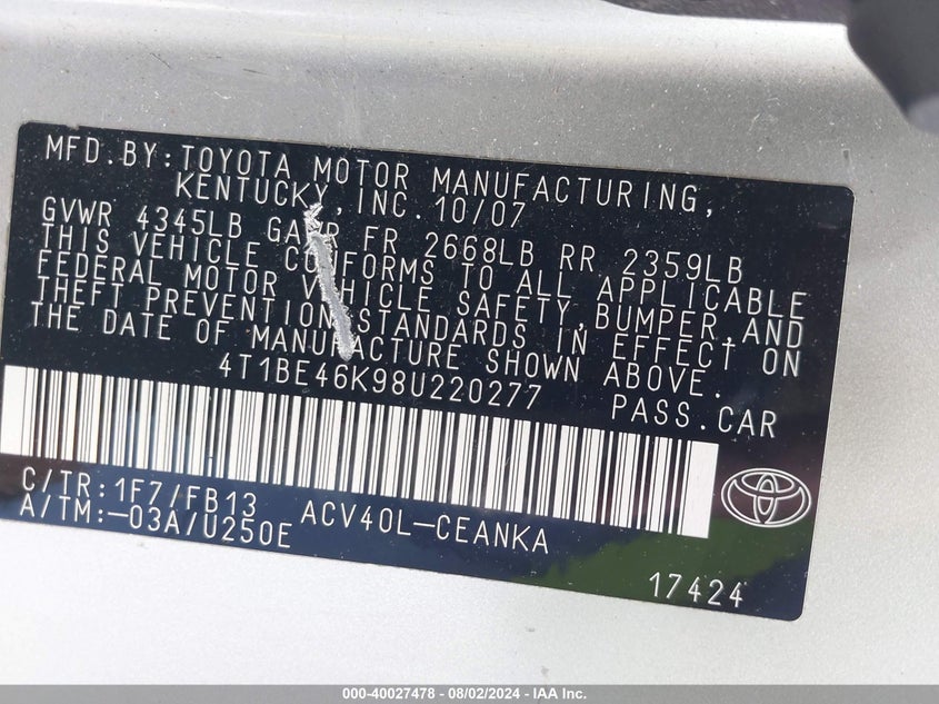 2008 Toyota Camry Le VIN: 4T1BE46K98U220277 Lot: 40027478