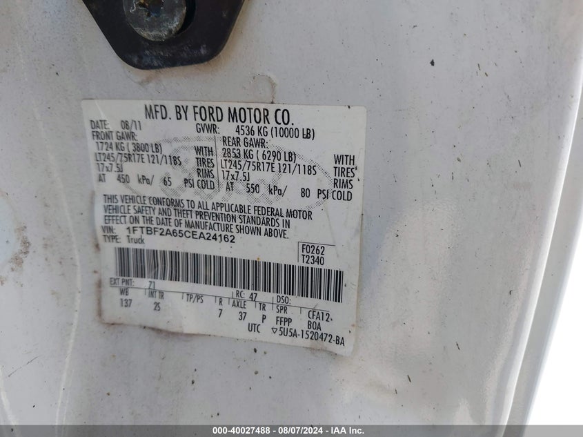 2012 Ford F-250 Xl VIN: 1FTBF2A65CEA24162 Lot: 40027488
