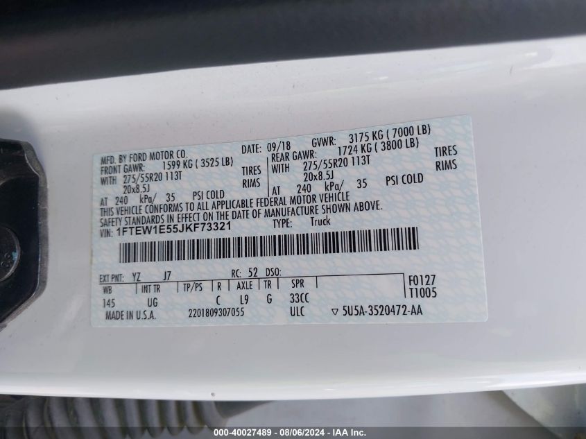 2018 Ford F-150 Xlt VIN: 1FTEW1E55JKF73321 Lot: 40027489