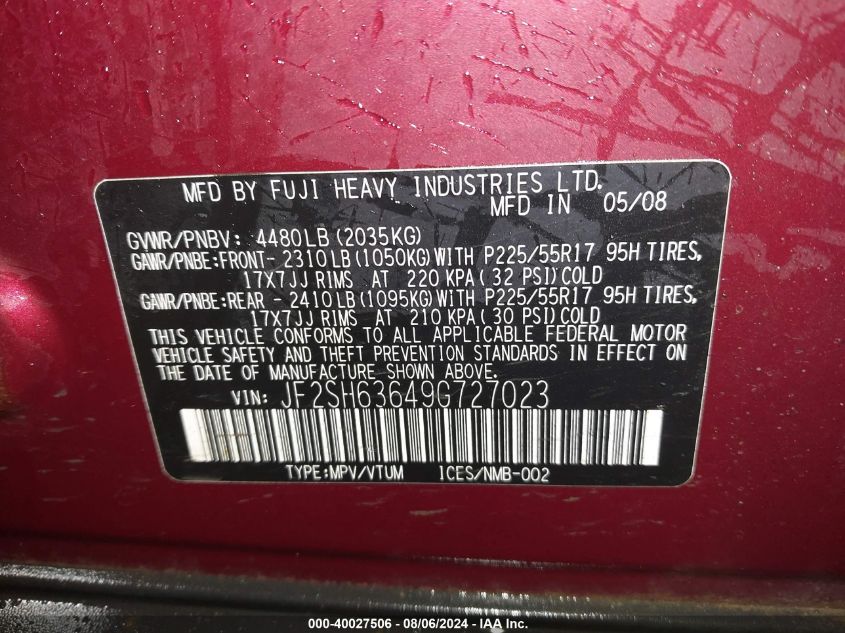 2009 Subaru Forester 2.5X VIN: JF2SH63649G727023 Lot: 40027506