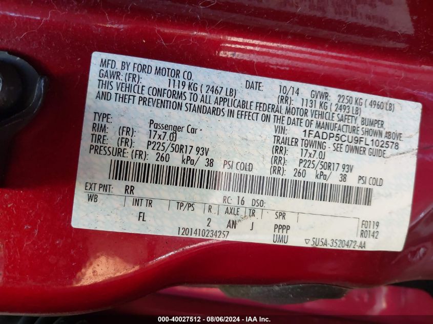 2015 Ford C-Max Energi Sel VIN: 1FADP5CU9FL102578 Lot: 40027512