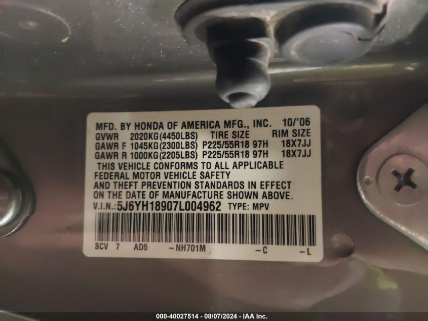 2007 Honda Element Sc VIN: 5J6YH18907L004962 Lot: 40027514