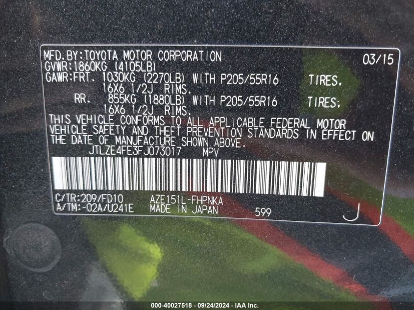 2015 Scion Xb VIN: JTLZE4FE3FJ073017 Lot: 40027518