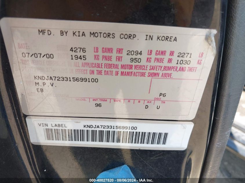 2001 Kia Sportage VIN: KNDJA723315699100 Lot: 40027520