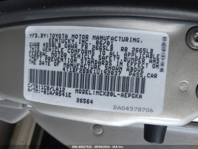 2001 Toyota Avalon Xls VIN: 4T1BF28B61U192037 Lot: 40027522