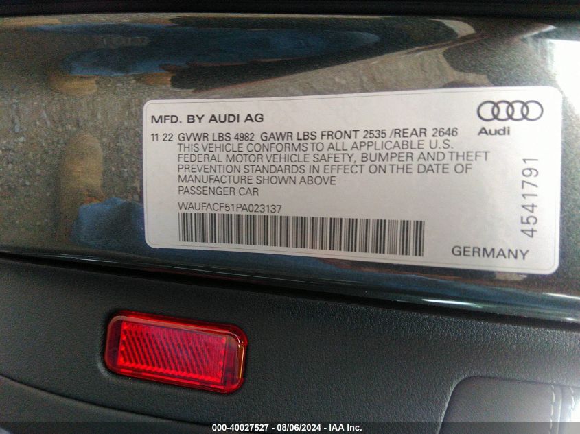 2023 Audi A5 Sportback Premium Plus 45 Tfsi S Line Quattro S Tronic VIN: WAUFACF51PA023137 Lot: 40027527