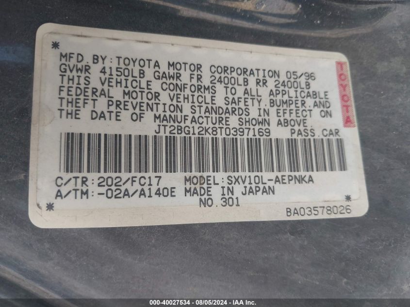 1996 Toyota Camry Dx/Le/Xle VIN: JT2BG12K8T0397169 Lot: 40027534