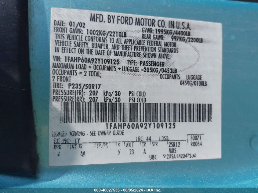 2002 Ford Thunderbird VIN: 1FAHP60A92Y109125 Lot: 40027535