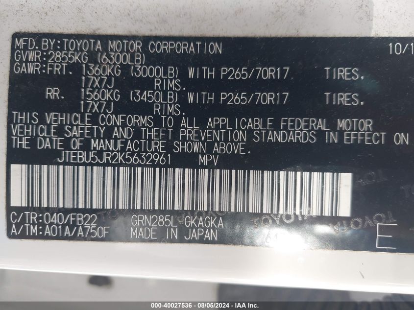 2019 Toyota 4Runner Sr5 VIN: JTEBU5JR2K5632961 Lot: 40027536