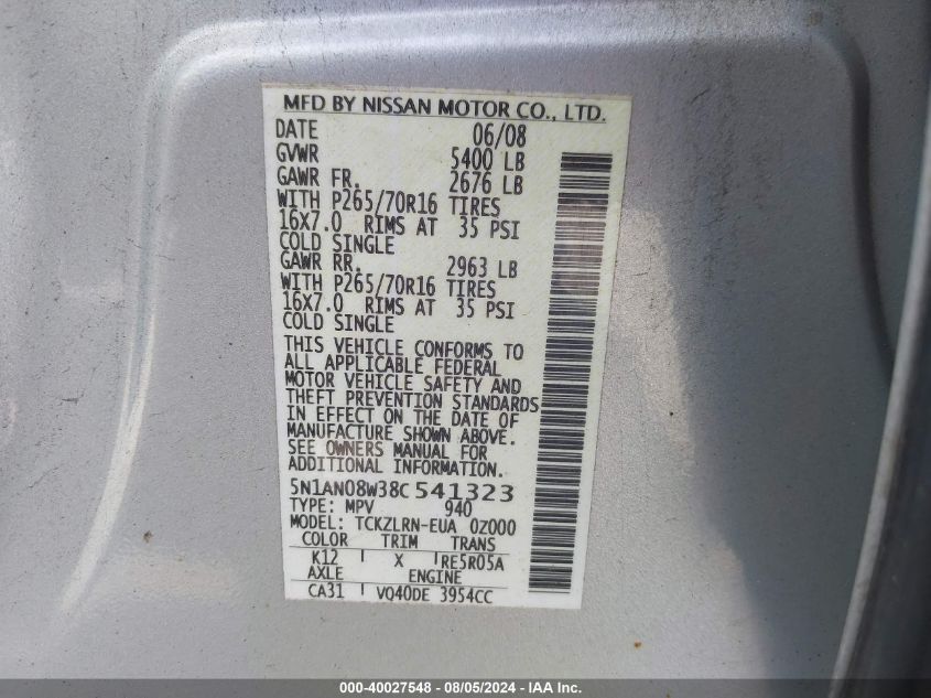 2008 Nissan Xterra S VIN: 5N1AN08W38C541323 Lot: 40027548