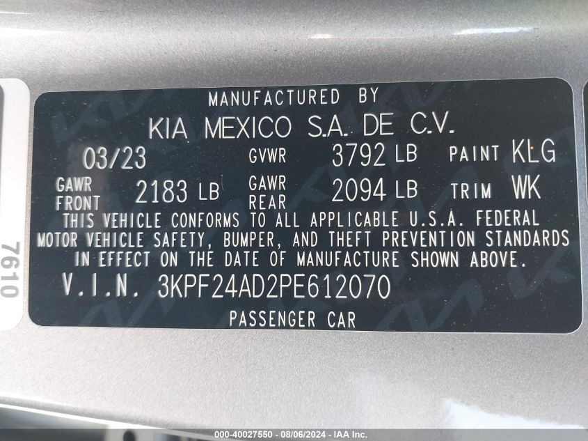 2023 Kia Forte Lxs VIN: 3KPF24AD2PE612070 Lot: 40027550