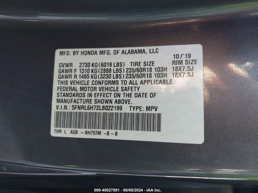 2020 Honda Odyssey Ex-L/Ex-L W/Navi Res VIN: 5FNRL6H72LB022199 Lot: 40027551