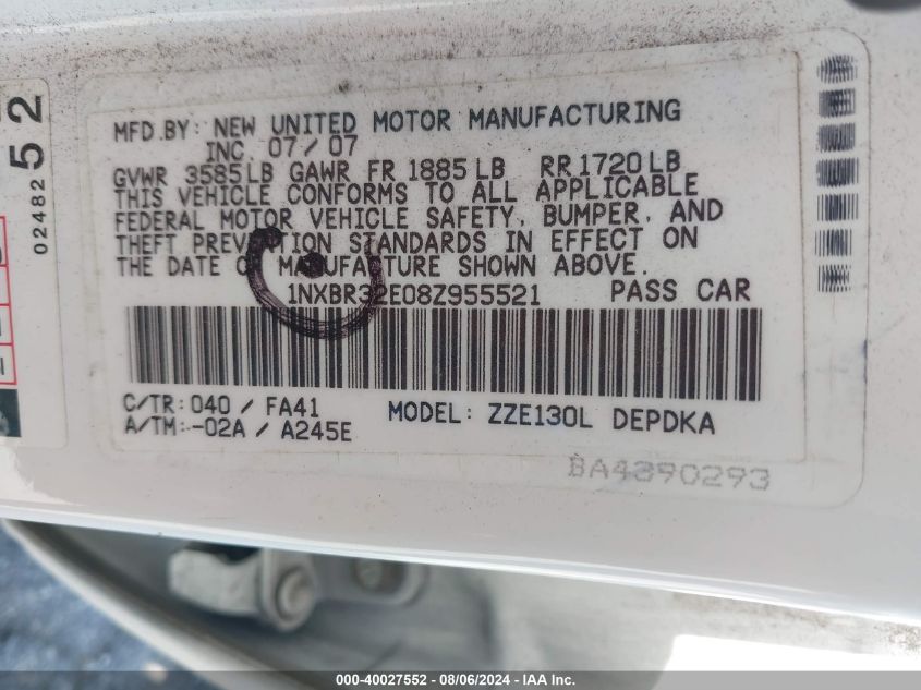 2008 Toyota Corolla Ce VIN: 1NXBR32E08Z955521 Lot: 40027552