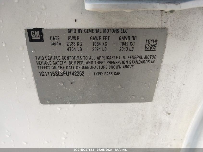 2015 Chevrolet Impala 1Lt VIN: 1G1115SL3FU142262 Lot: 40027553