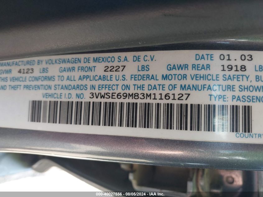 2003 Volkswagen Jetta Gls VIN: 3VWSE69M83M116127 Lot: 40027556