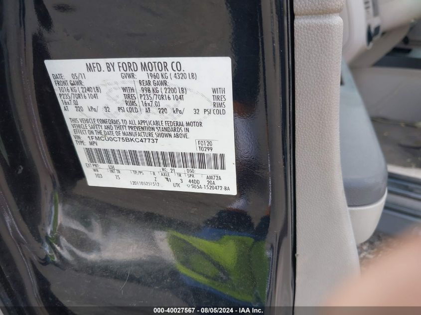 2011 Ford Escape Xls VIN: 1FMCU0C75BKC47737 Lot: 40027567