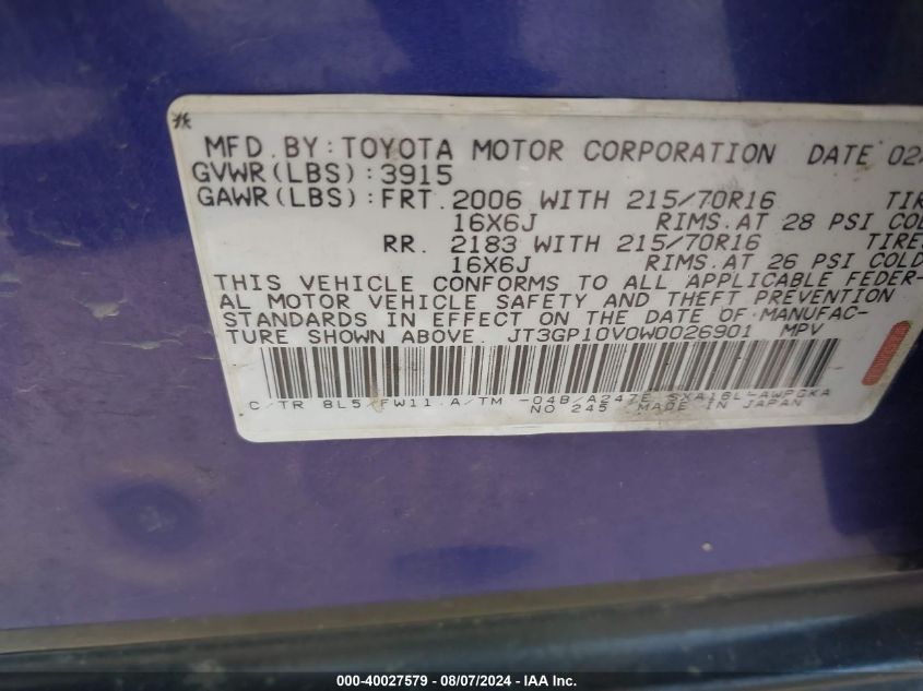 1998 Toyota Rav4 VIN: JT3GP10V0W0026901 Lot: 40027579