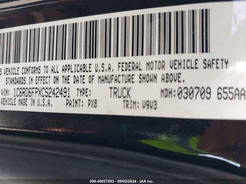 2012 Ram 1500 St VIN: 1C6RD6FPXCS242491 Lot: 40027593