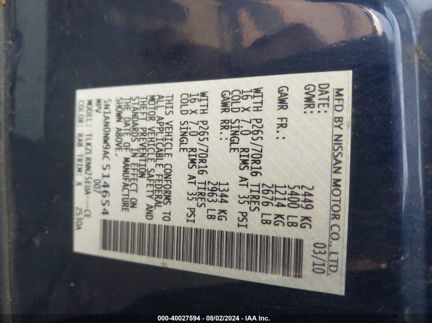 2010 Nissan Xterra S VIN: 5N1AN0NW9AC514654 Lot: 40027594