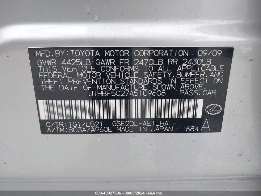2010 Lexus Is 250 250 VIN: JTHBF5C27A5109608 Lot: 40027596