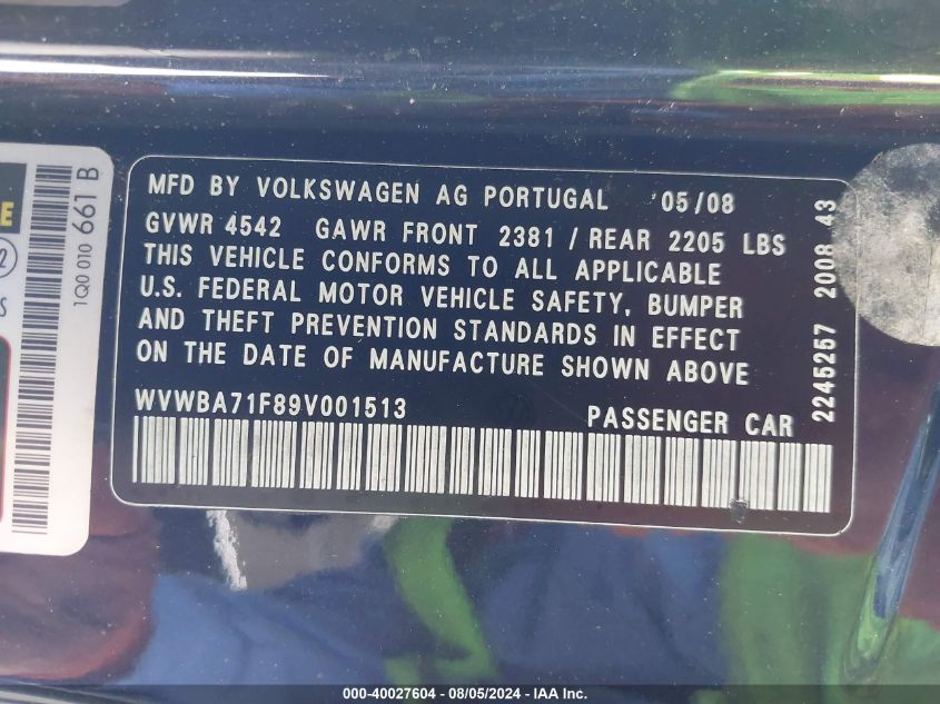 2009 Volkswagen Eos Komfort VIN: WVWBA71F89V001513 Lot: 40027604