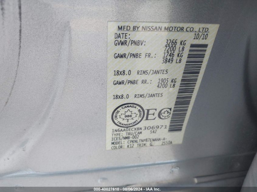 2011 Nissan Titan Sl VIN: 1N6AA0ECXBN306971 Lot: 40027610