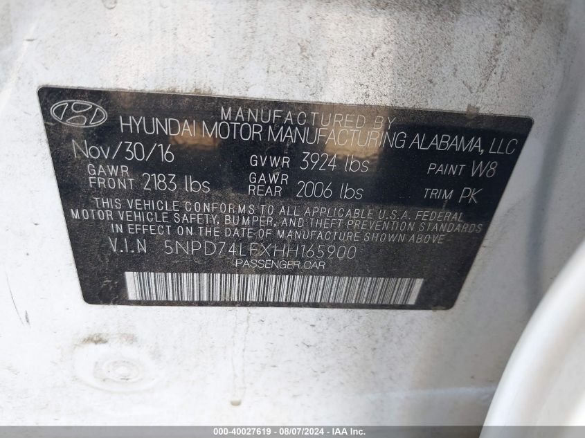 2017 Hyundai Elantra Se VIN: 5NPD74LFXHH165900 Lot: 40027619