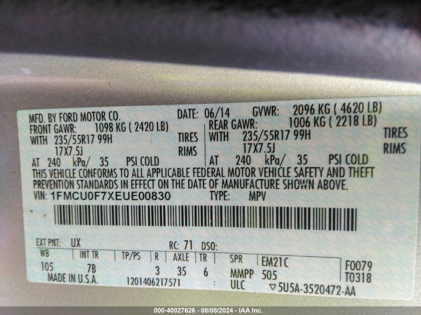 2014 Ford Escape S VIN: 1FMCU0F7XEUE00830 Lot: 40027626