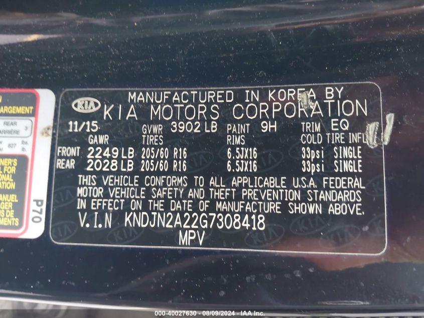 2016 Kia Soul VIN: KNDJN2A22G7308418 Lot: 40027630